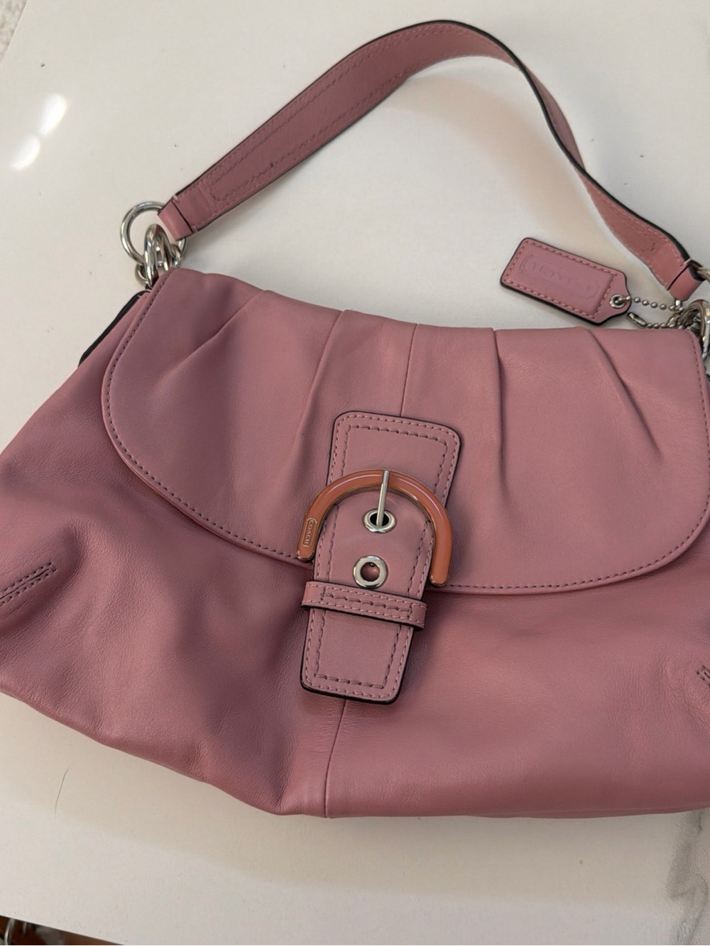 Coach Pink Leather Shoulder Bag with Buckle Accent